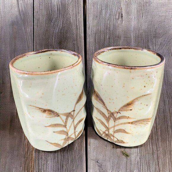 Vintage Oriental Stoneware Pottery Tumbler Drinking Cups Set 2 Light Green Cups - Picture 1 of 13